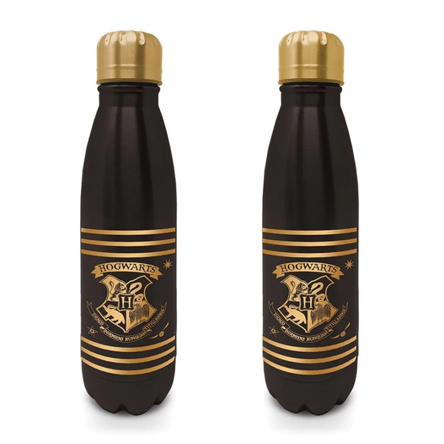 Popculture Harry Potter | Harry Potter - Hogwarts Logo (Black And Gold) Metal Drink Bottle