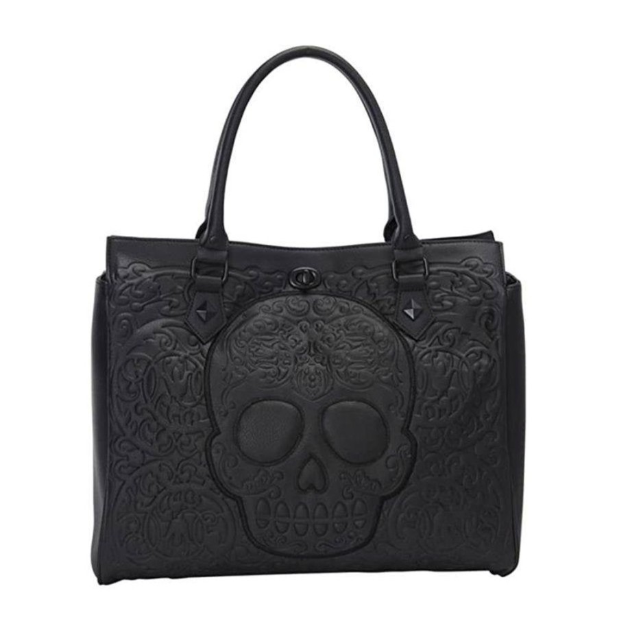 Fashion Loungefly | Loungefly - Black On Black Lattice Skull Tote Bag [Rs]